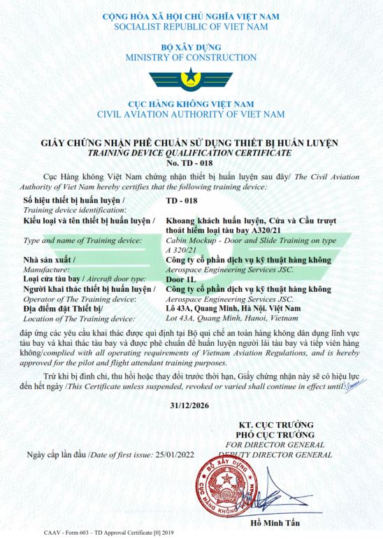 CAAV Training Device Qualification Certificate